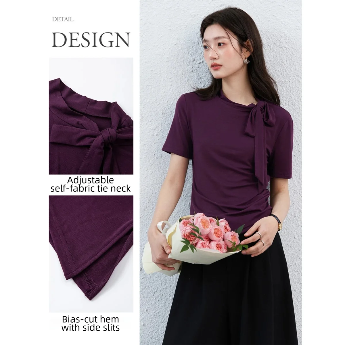 Bow-Neck Asymmetric Short-Sleeve Top
