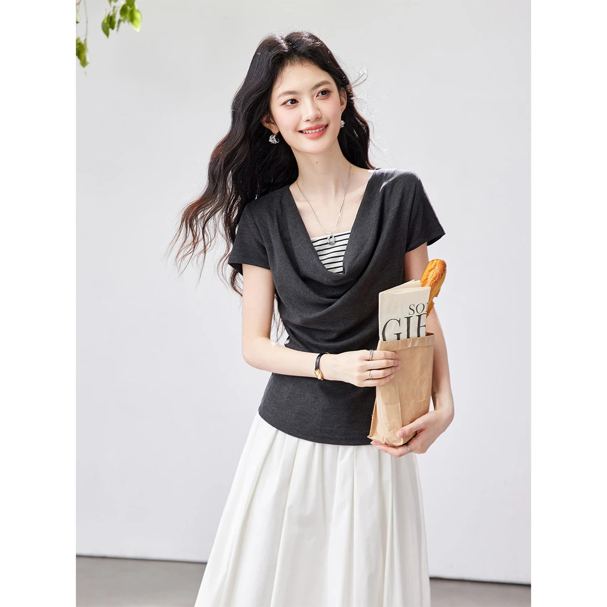 Layered Cowl-Neck Short-Sleeve Tee
