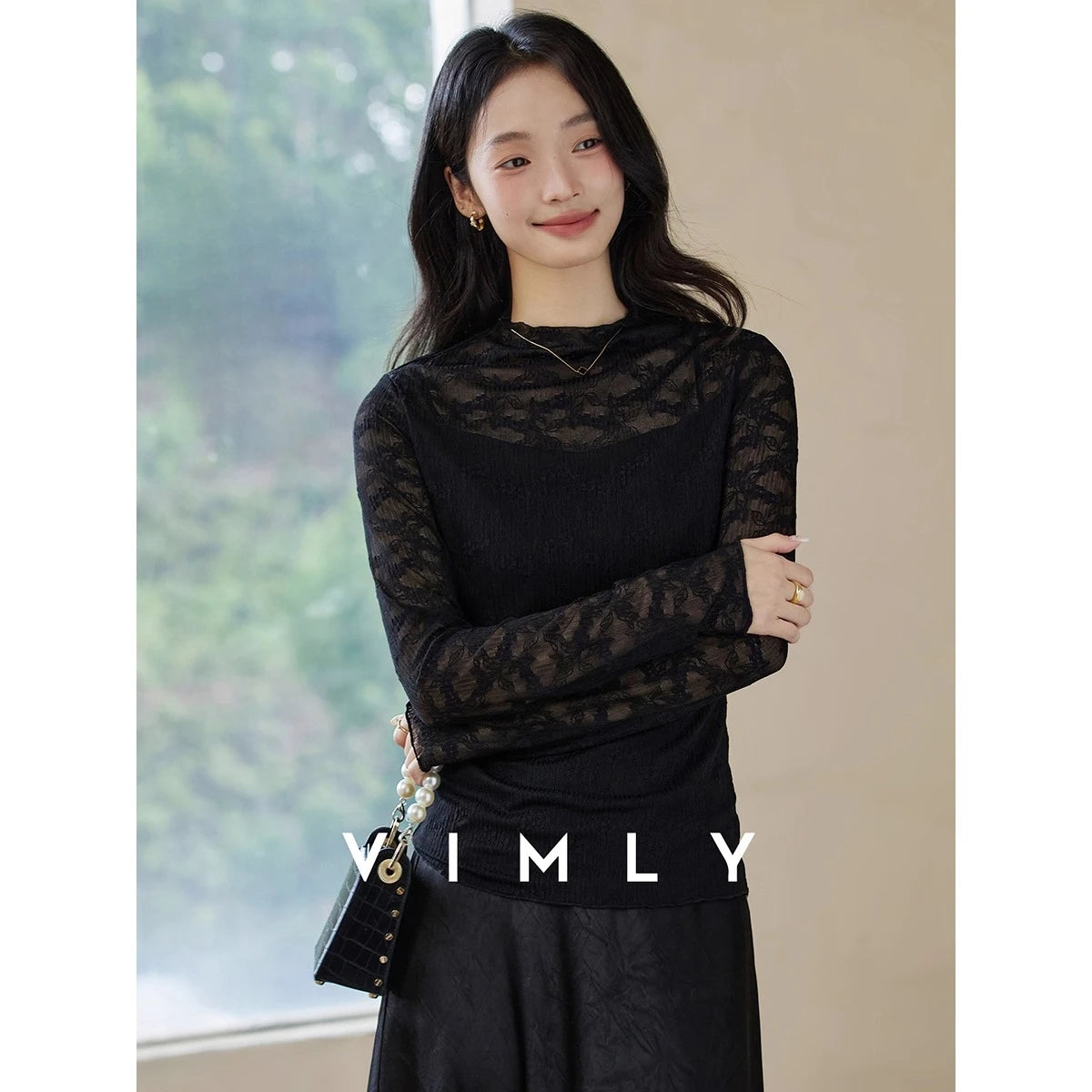 Lace-Sleeve Mock-Neck Top