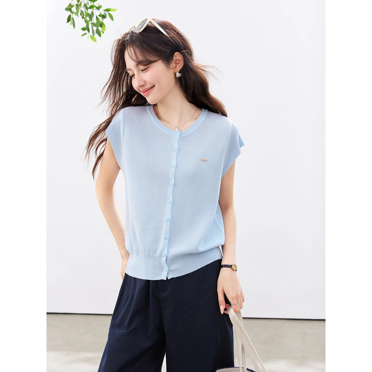 Button-Front Cap-Sleeve Knit Top