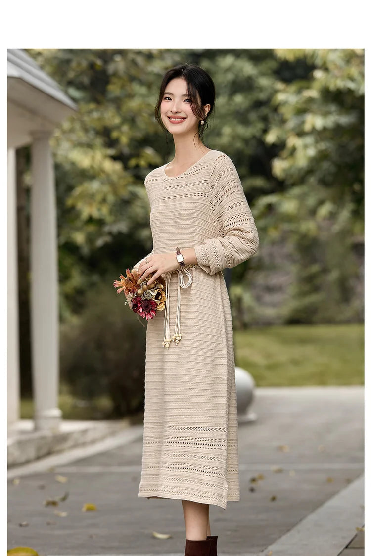 Openwork Long-Sleeve Shift Dress