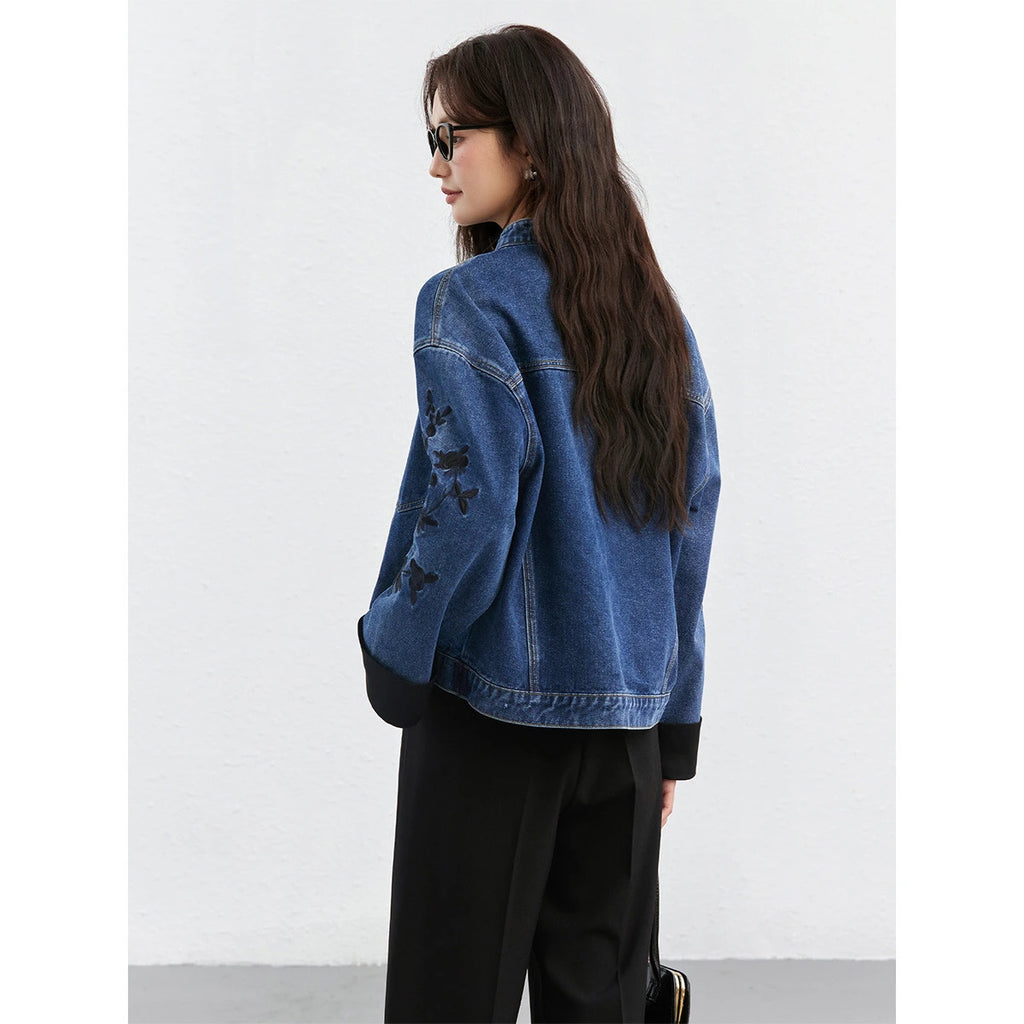 Embroidered-Sleeve Denim Jacket
