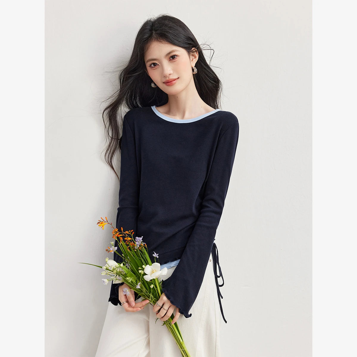 Layered Tie-Hem Long-Sleeve Top
