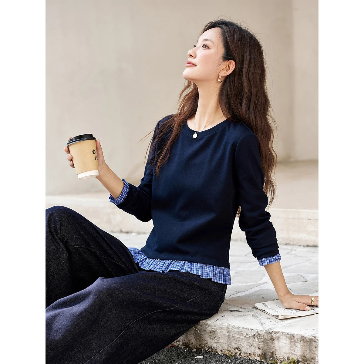 Pleated-Hem Long-Sleeve Tee