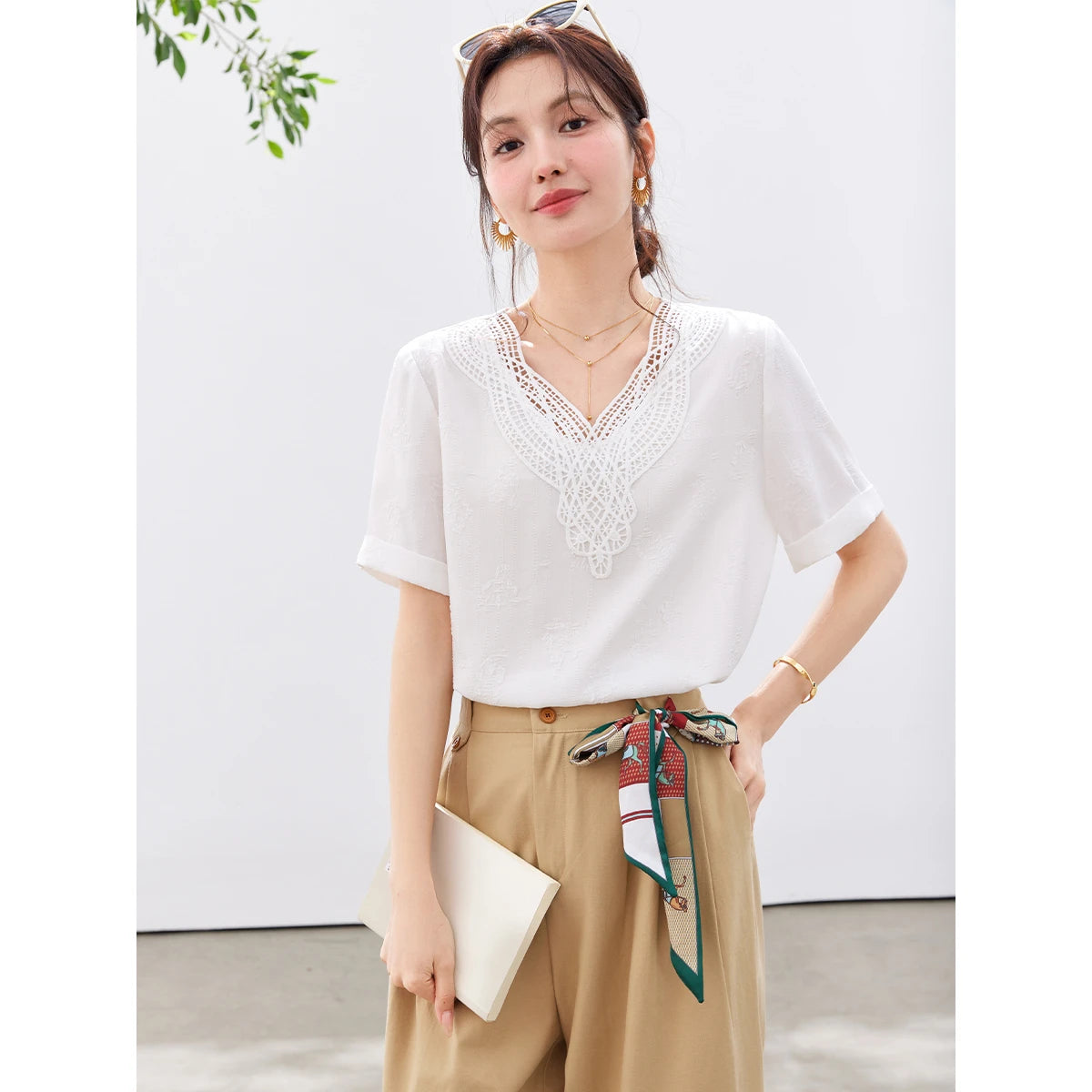 Lace-Trim V-Neck Tee