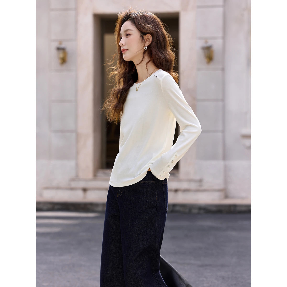 Button-Cuff Crew-Neck Long-Sleeve Tee