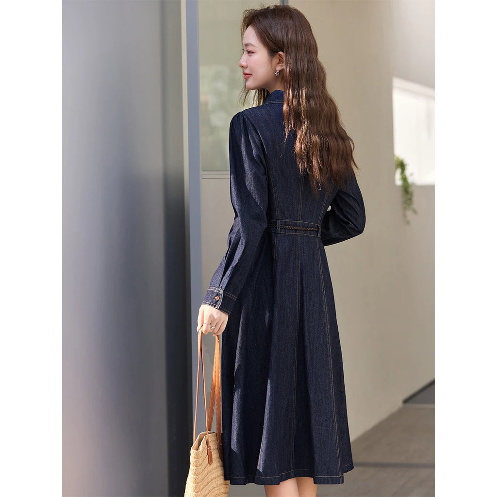 Belted Button-Front Denim Midi Dress