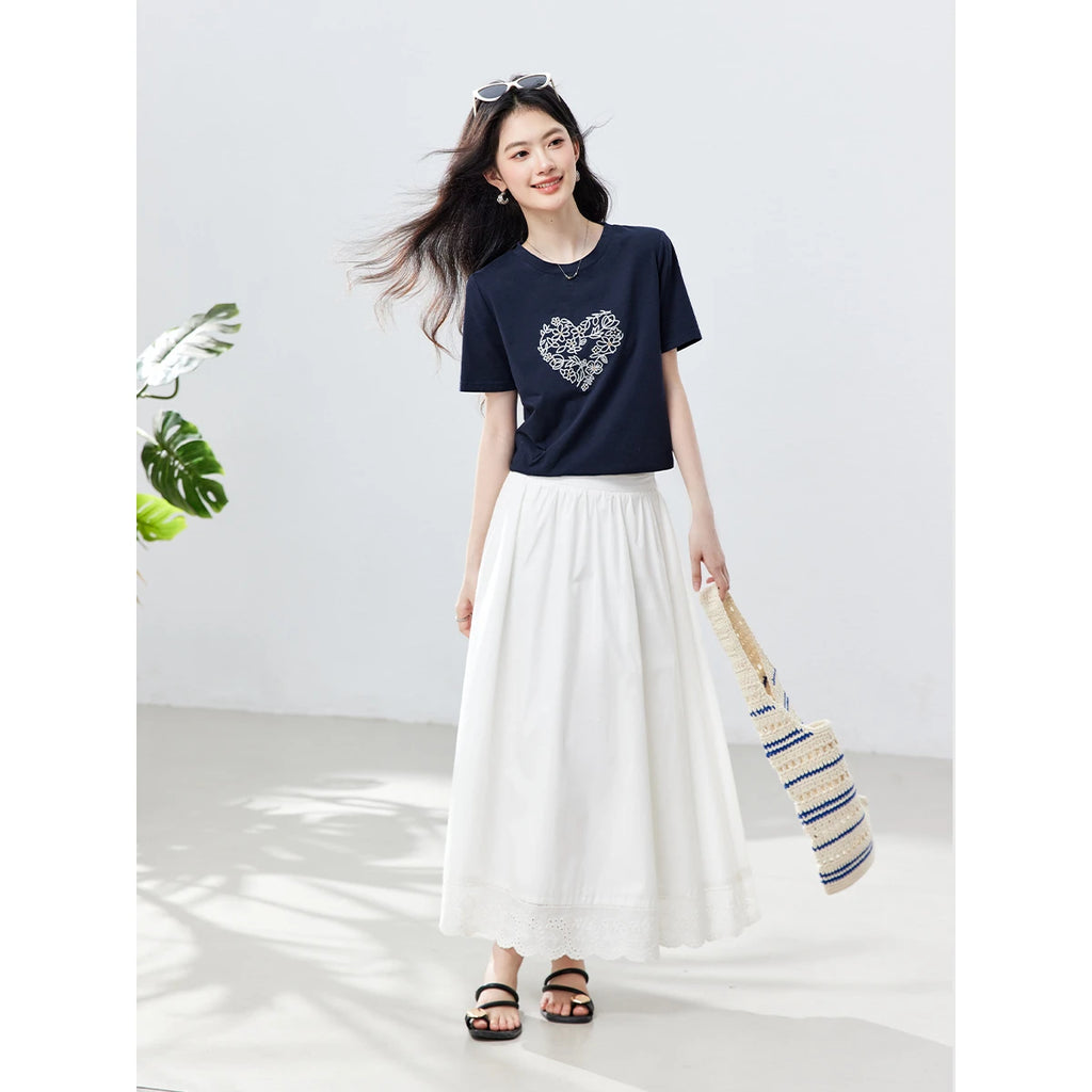 Floral Heart-Embroidered Crew-Neck Tee