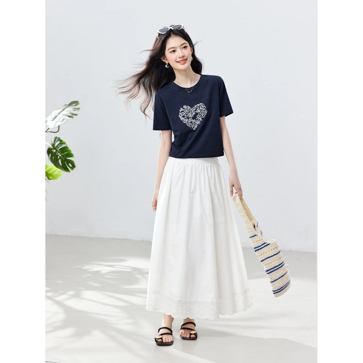 Floral Heart-Embroidered Crew-Neck Tee