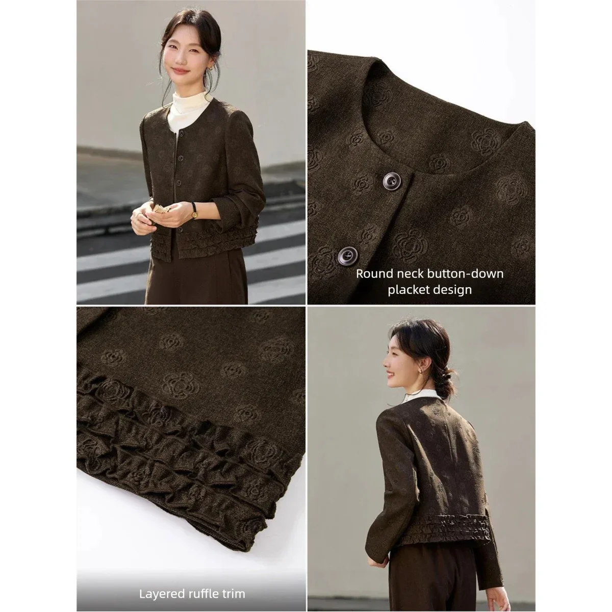 Jacquard Ruffle-Hem Cropped Jacket