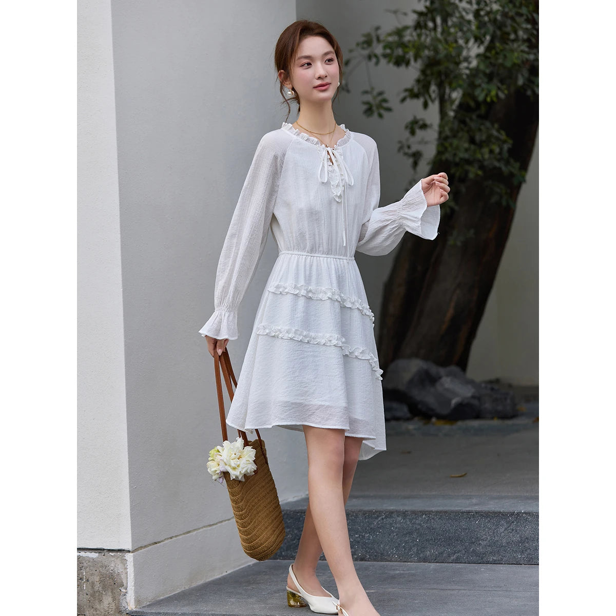 Asymmetric Ruffle-Hem Mini Dress