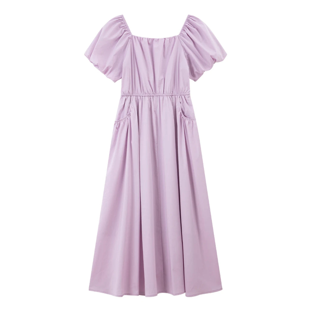 Square-Neck Puff-Sleeve Midi Dress