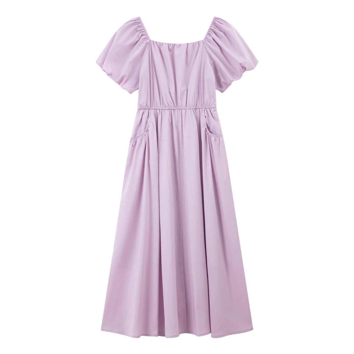Square-Neck Puff-Sleeve Midi Dress