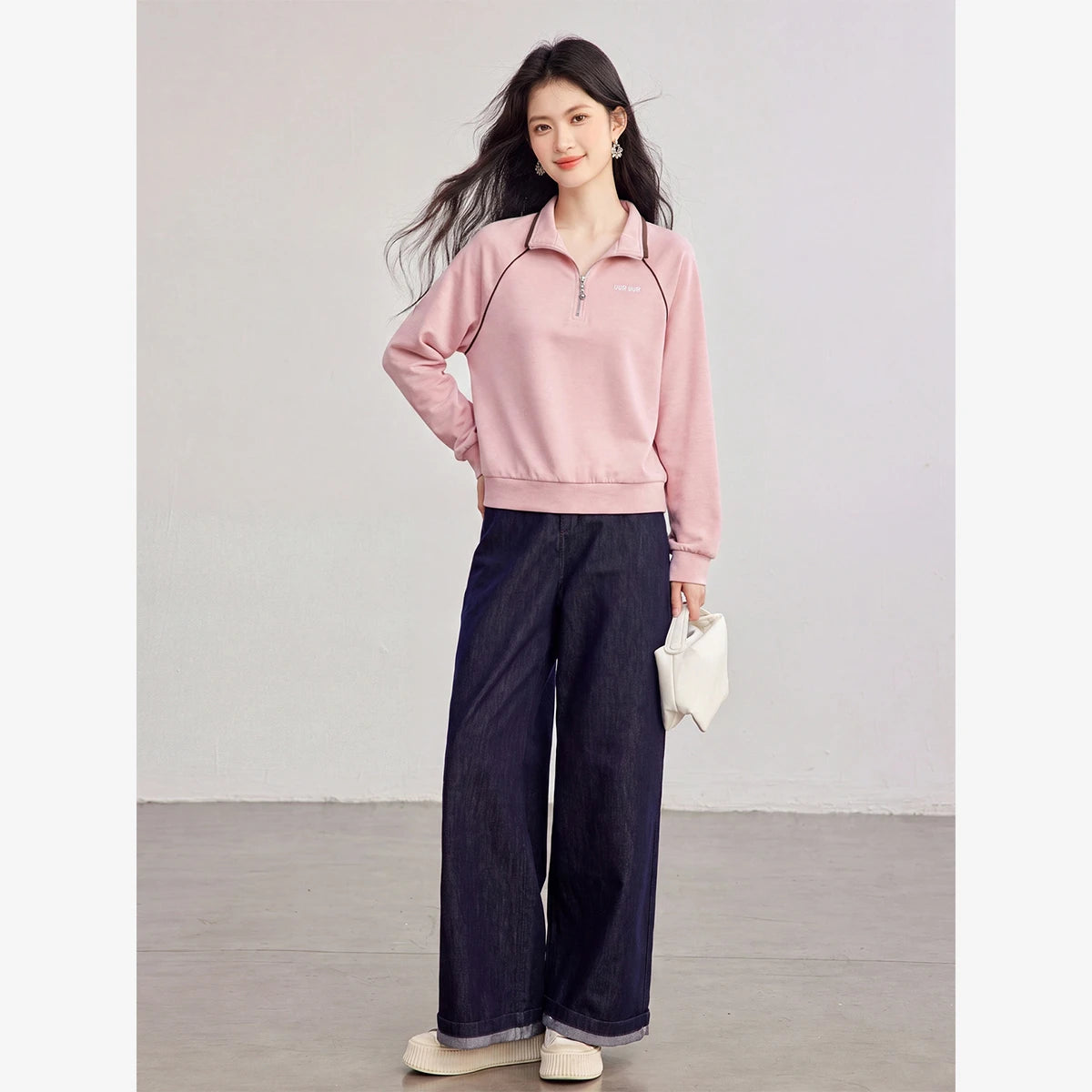 Half-Zip Contrast-Collar Sweatshirt