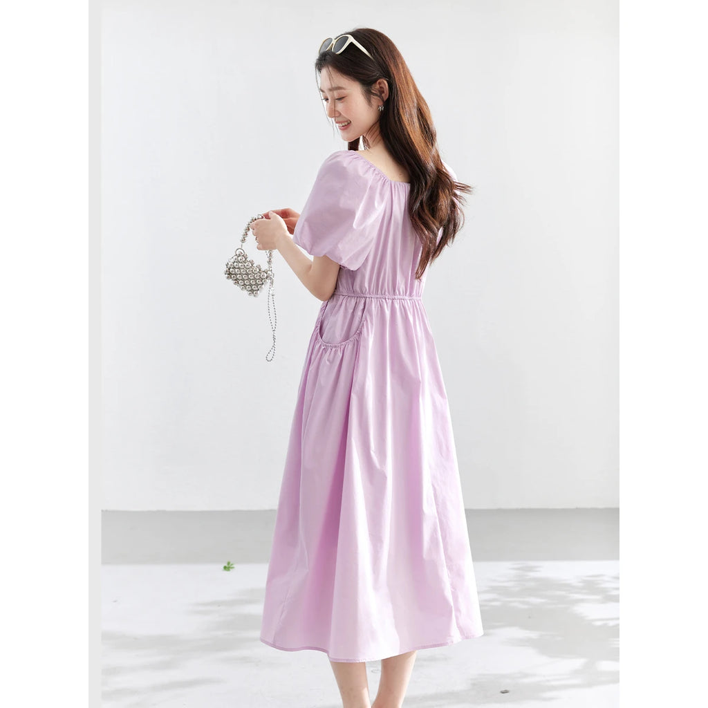Square-Neck Puff-Sleeve Midi Dress