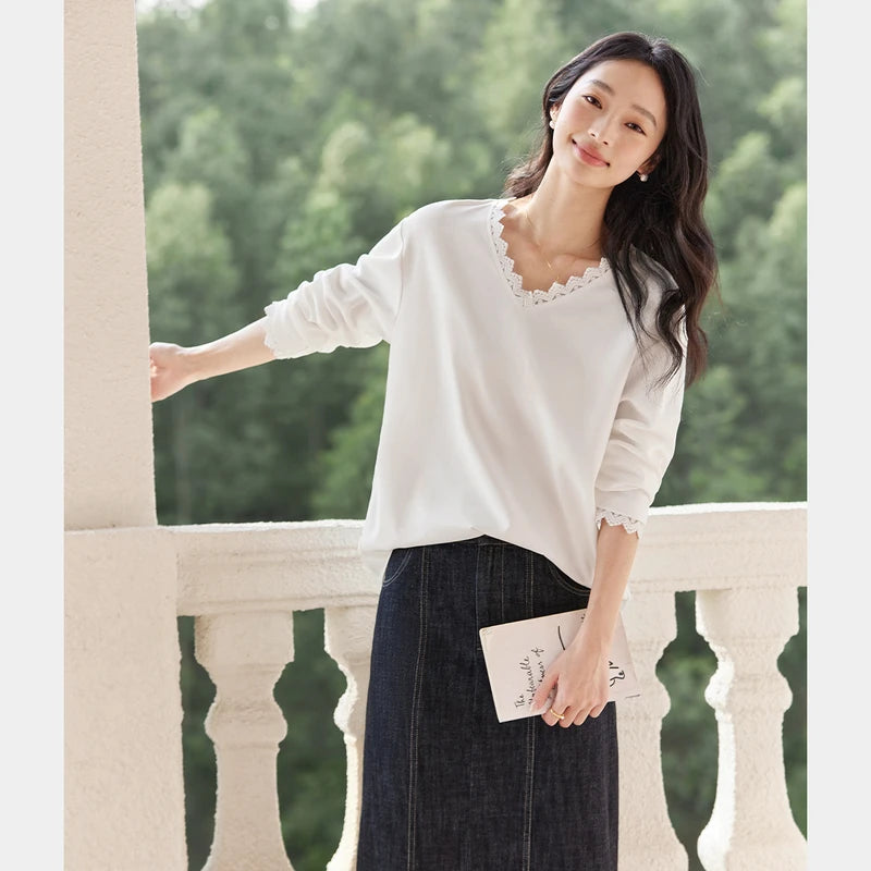 Lace-Trim V-Neck Long-Sleeve Top