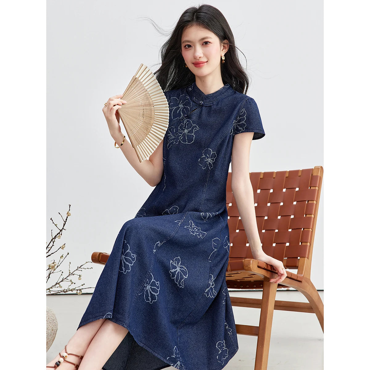 Floral Jacquard Frog-Button Midi Dress