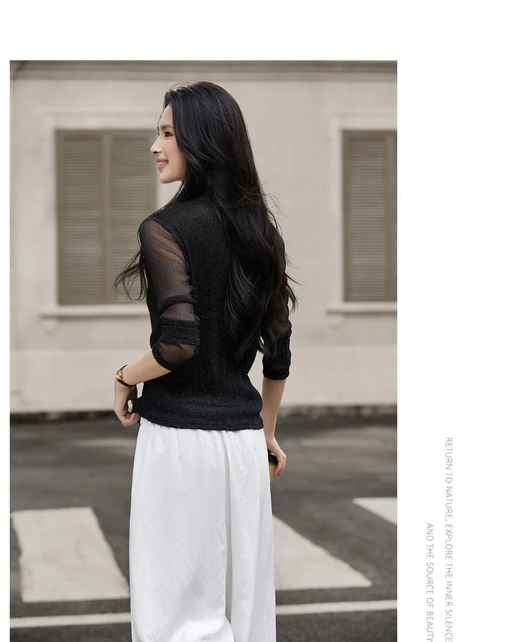 Shimmer Mock-Neck Long-Sleeve Top