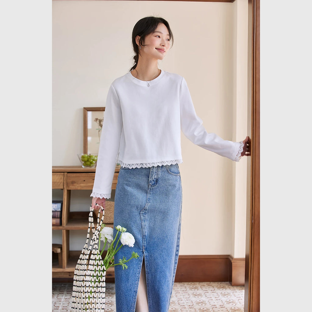 Lace-Hem Cropped Long-Sleeve Tee