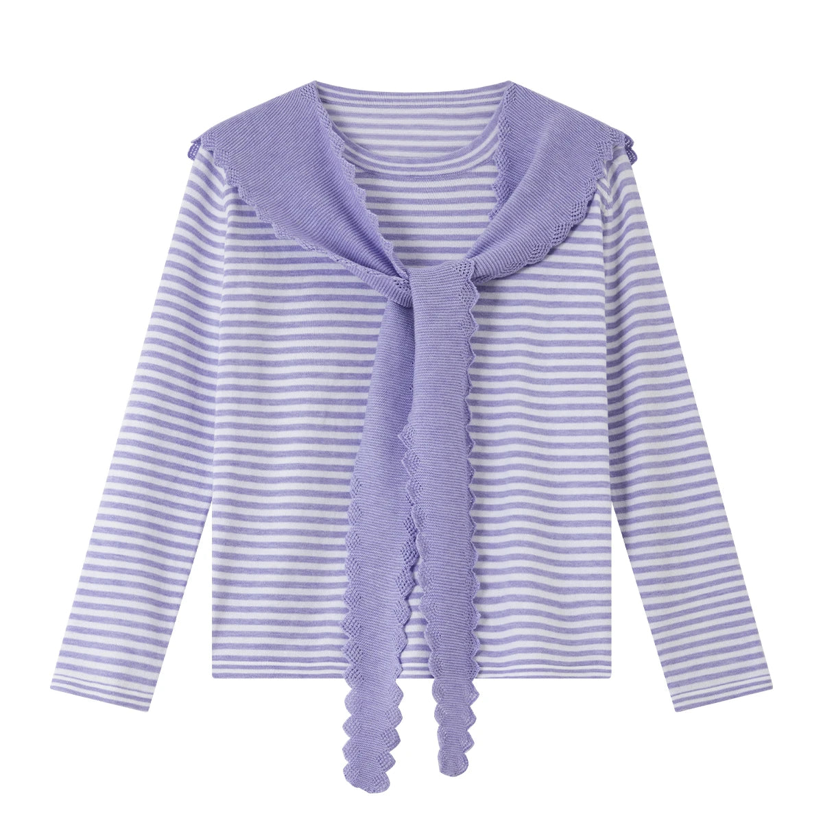 Striped Scarf-Detail Long-Sleeve Top
