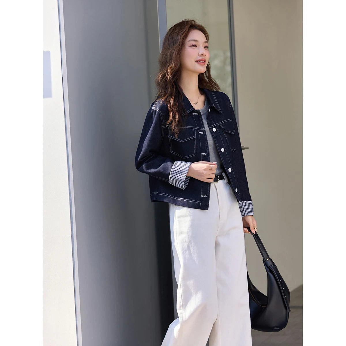 Contrast-Cuff Cropped Denim Jacket