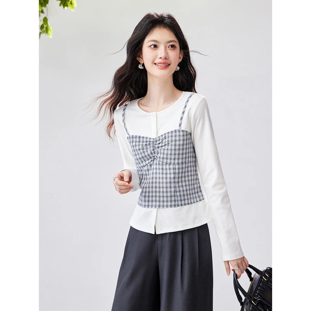 Layered Plaid Bustier Long-Sleeve Top