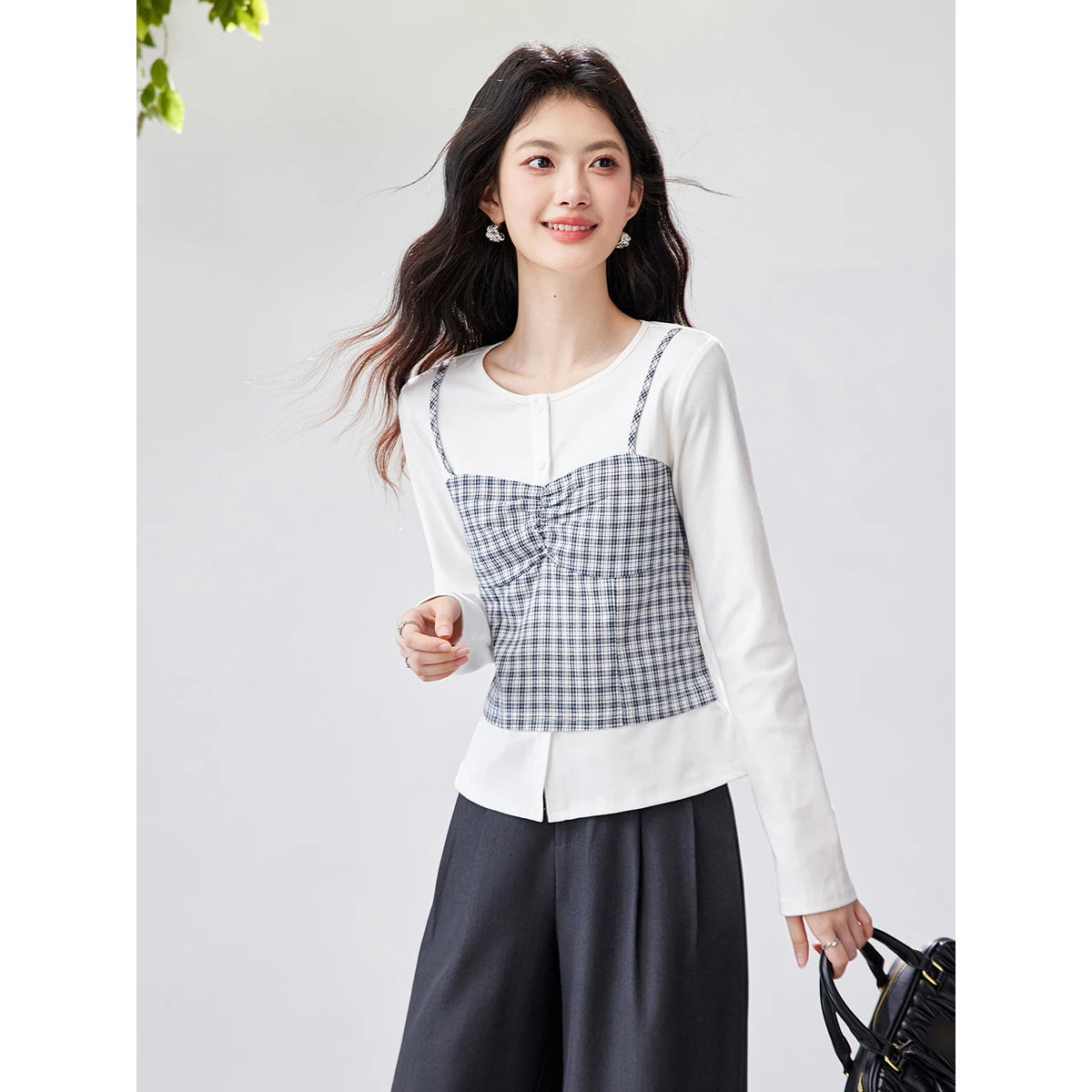 Layered Plaid Bustier Long-Sleeve Top