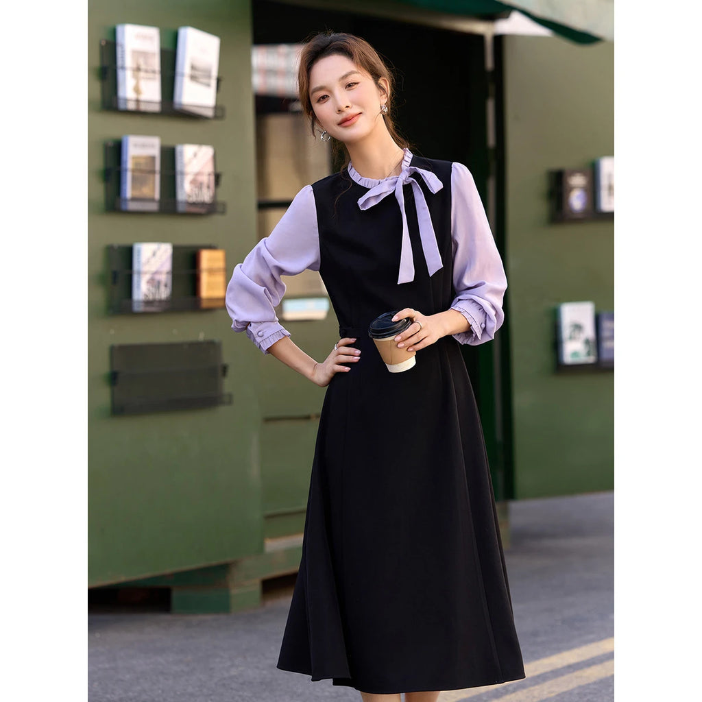 Bow-Collar Layered Midi Dress