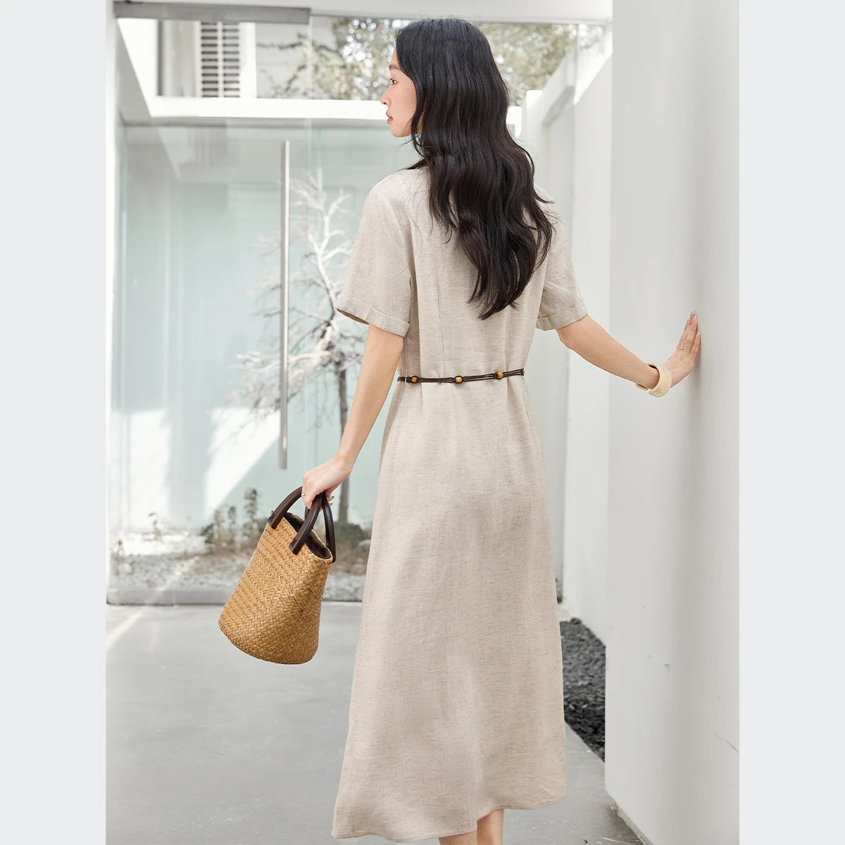 Belted Short-Sleeve Shirt Midi Dress