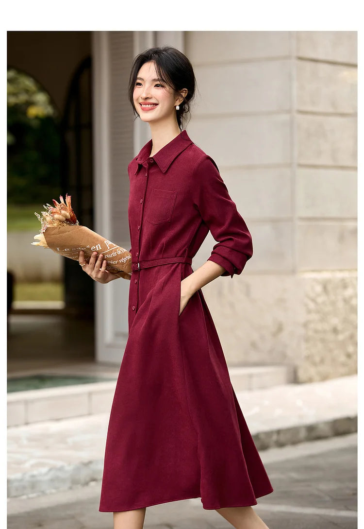 Belted Collared Midi Shirt Dress