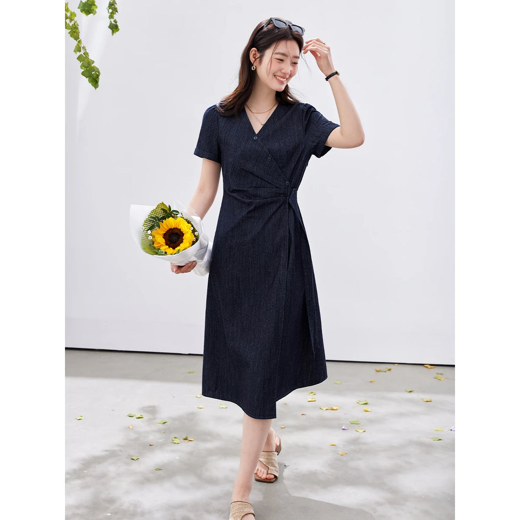 Tie-Waist V-Neck Denim Midi Dress