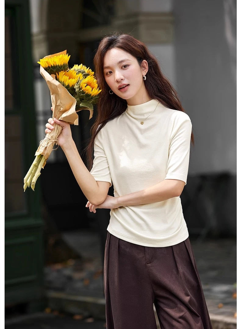 Ruched Mock-Neck Short-Sleeve Top