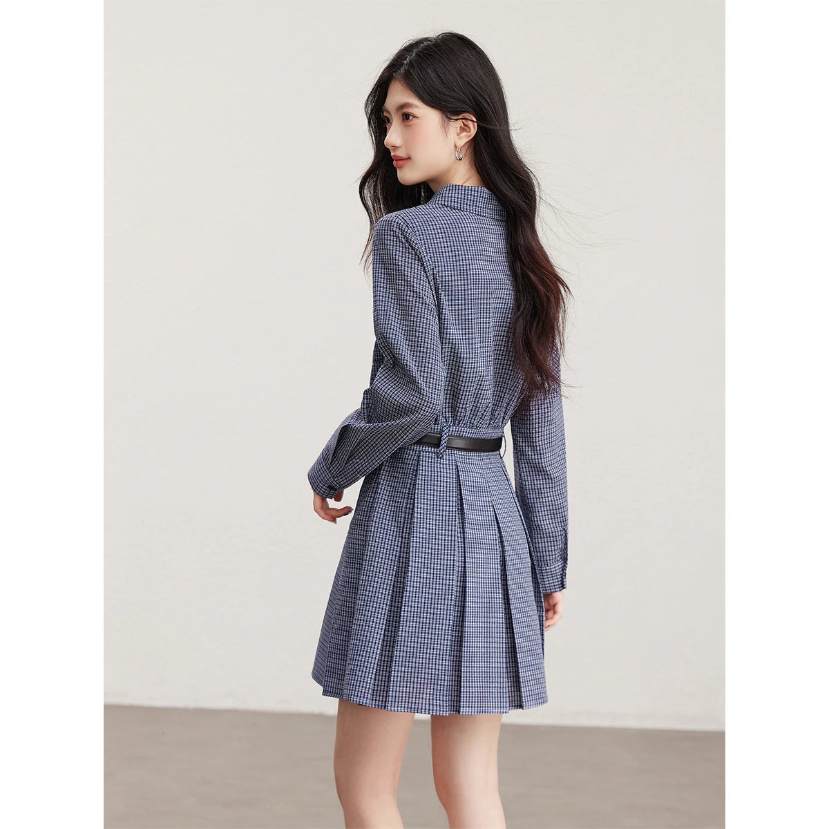 Belted Plaid Pleated Mini Dress