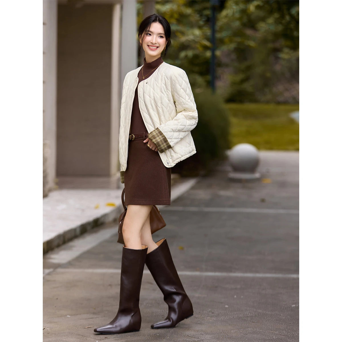 Plaid-Cuff Quilted Cropped Jacket