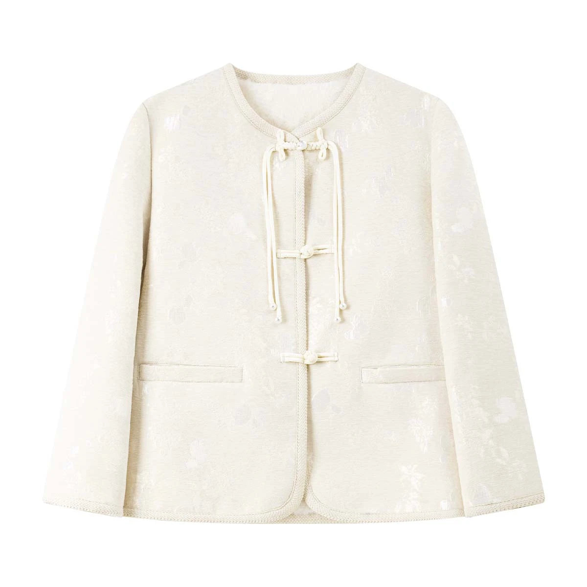 Jacquard Frog-Button Collarless Jacket