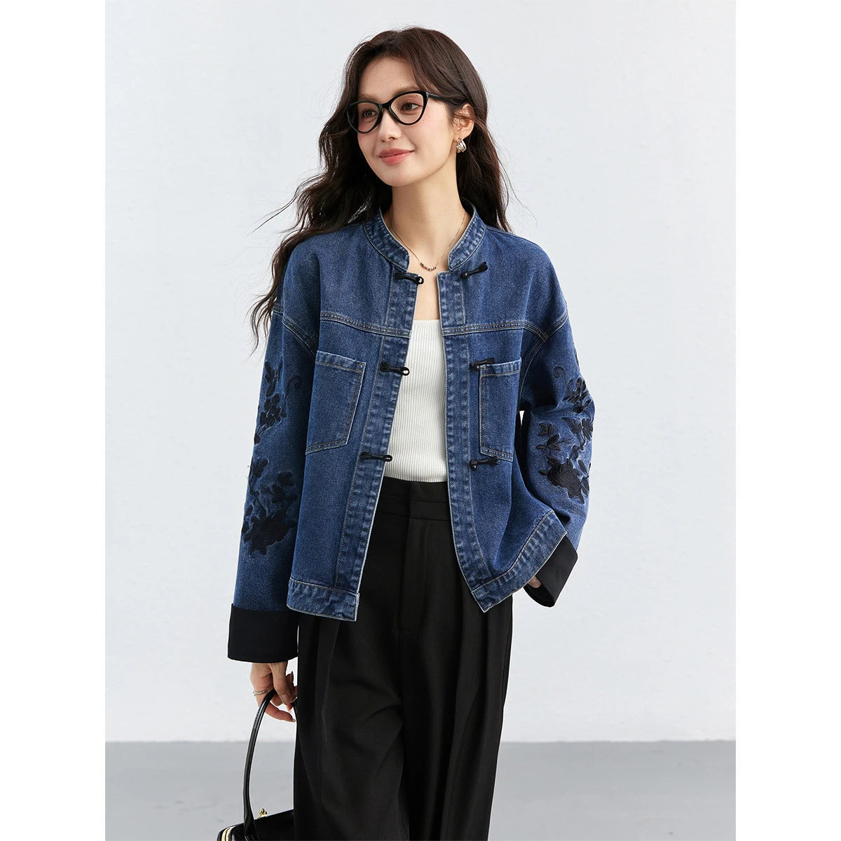 Embroidered-Sleeve Denim Jacket