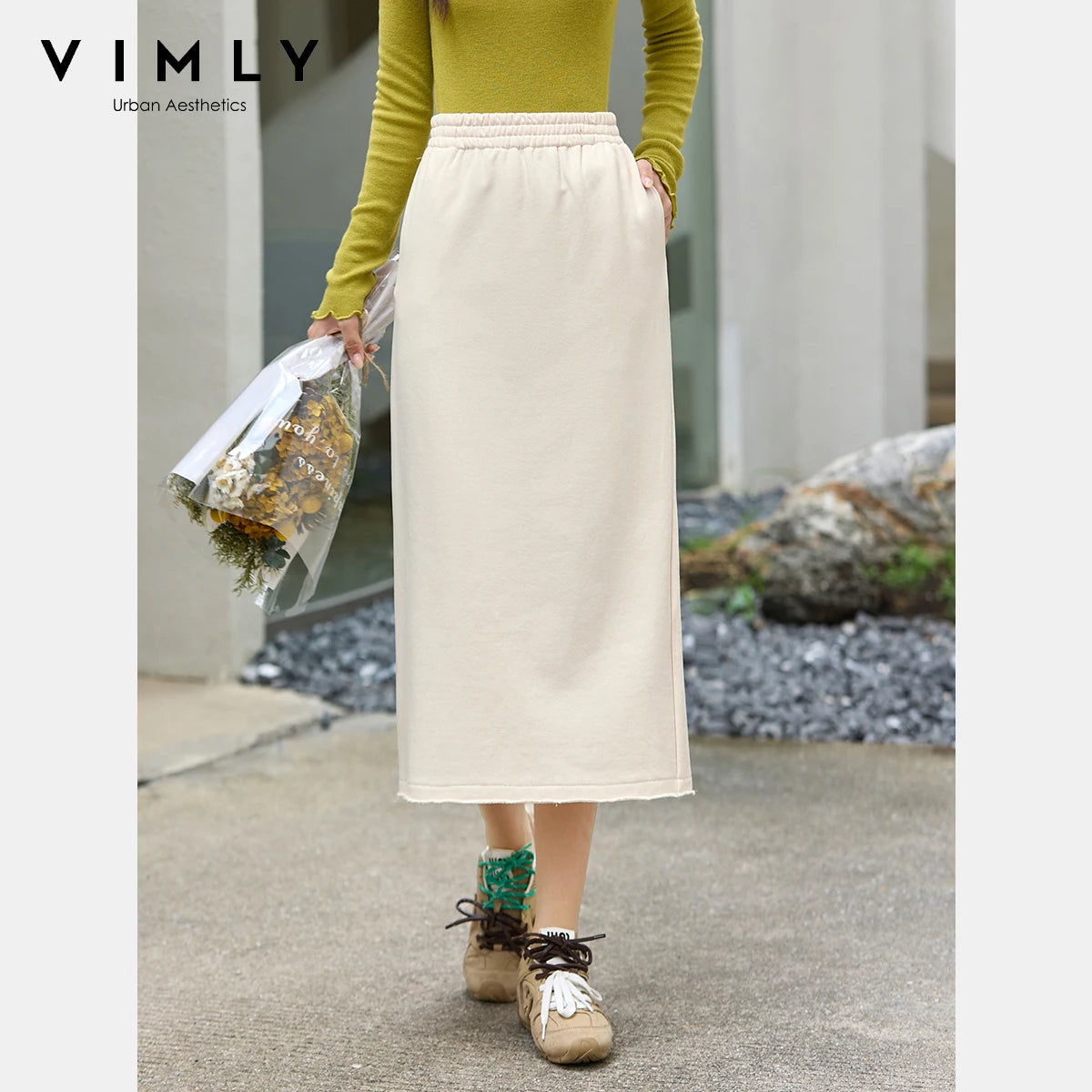 Elastic-Waist Straight Midi Skirt