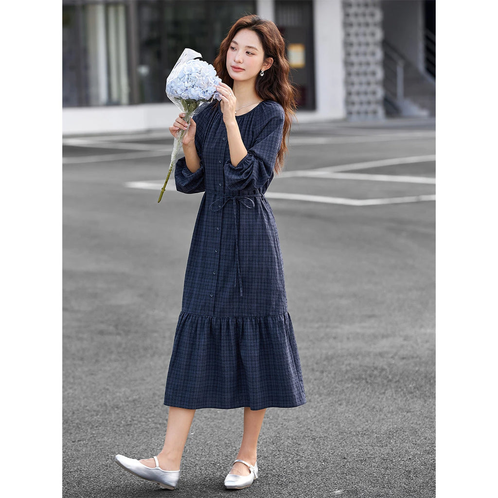 Belted Plaid Drop-Waist Dress