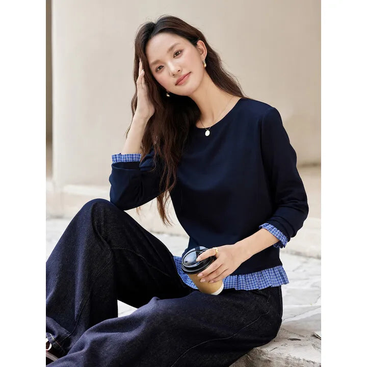 Pleated-Hem Long-Sleeve Tee