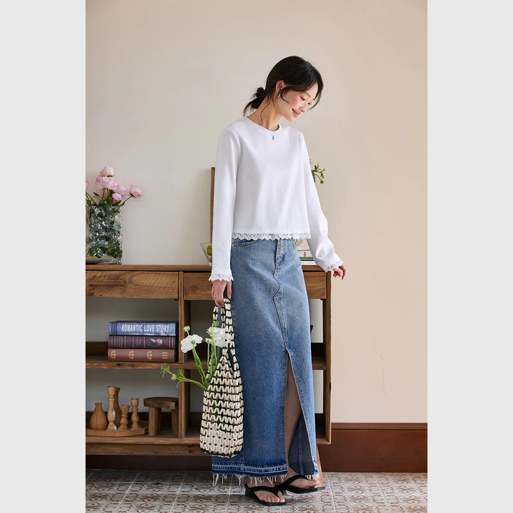 Lace-Hem Cropped Long-Sleeve Tee