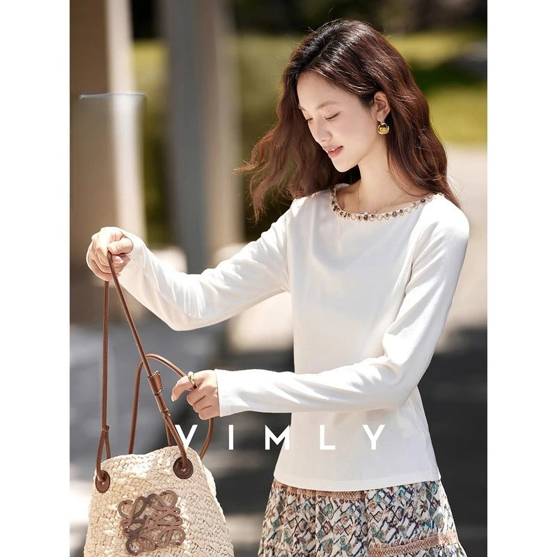 Beaded Boat-Neck Long-Sleeve Tee