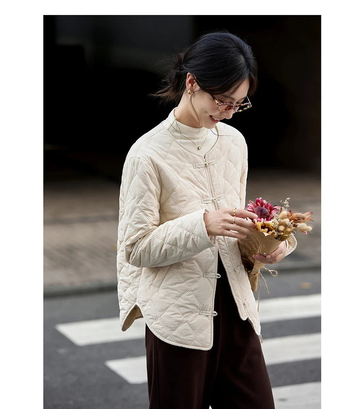 Frog-Button Quilted Curved-Hem Jacket