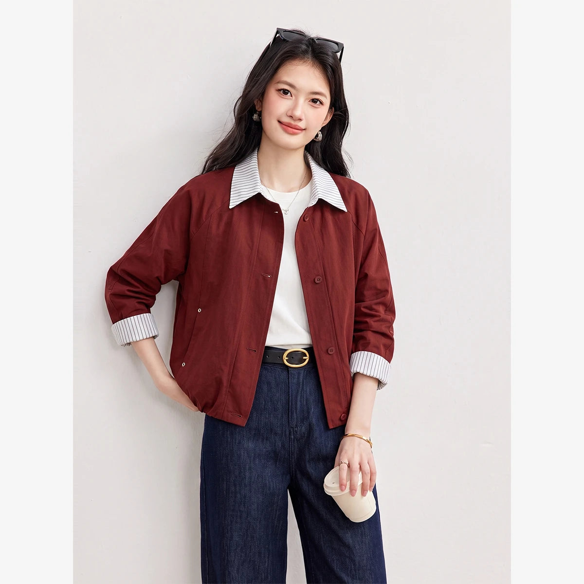 Contrast-Collar Cropped Jacket