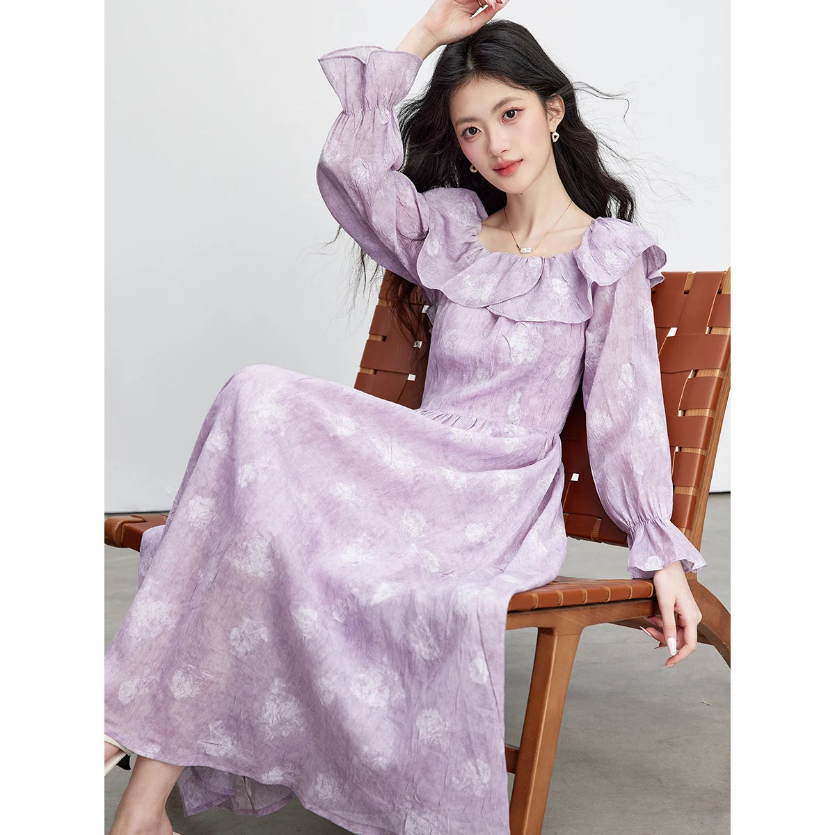 Floral Ruffle-Collar Midi Dress