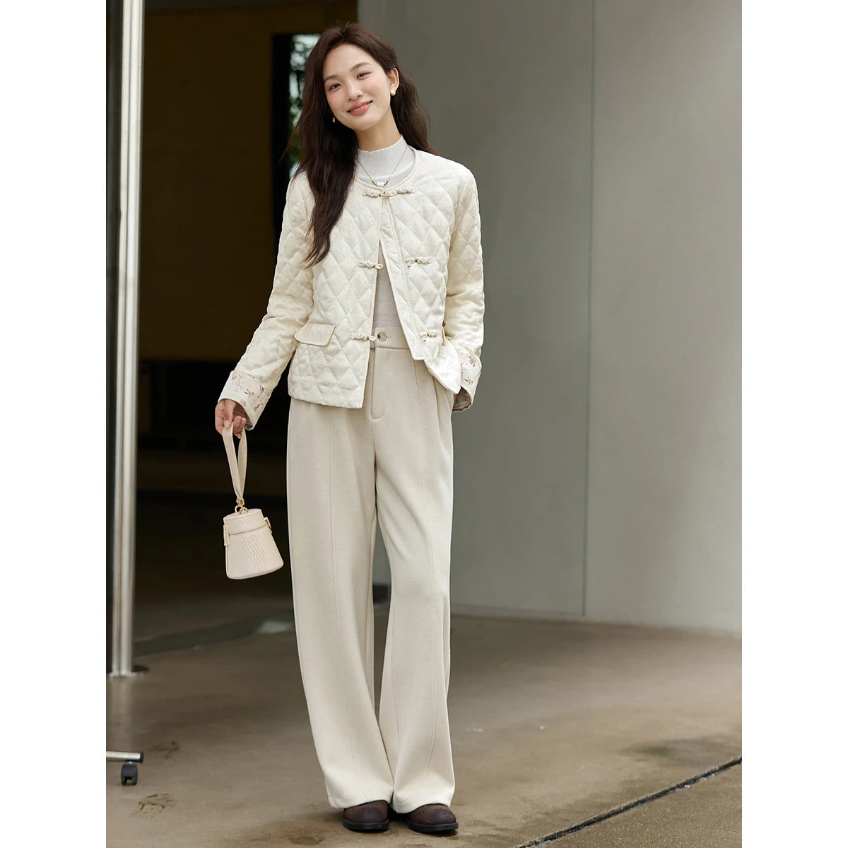 Frog-Button Quilted Collarless Jacket