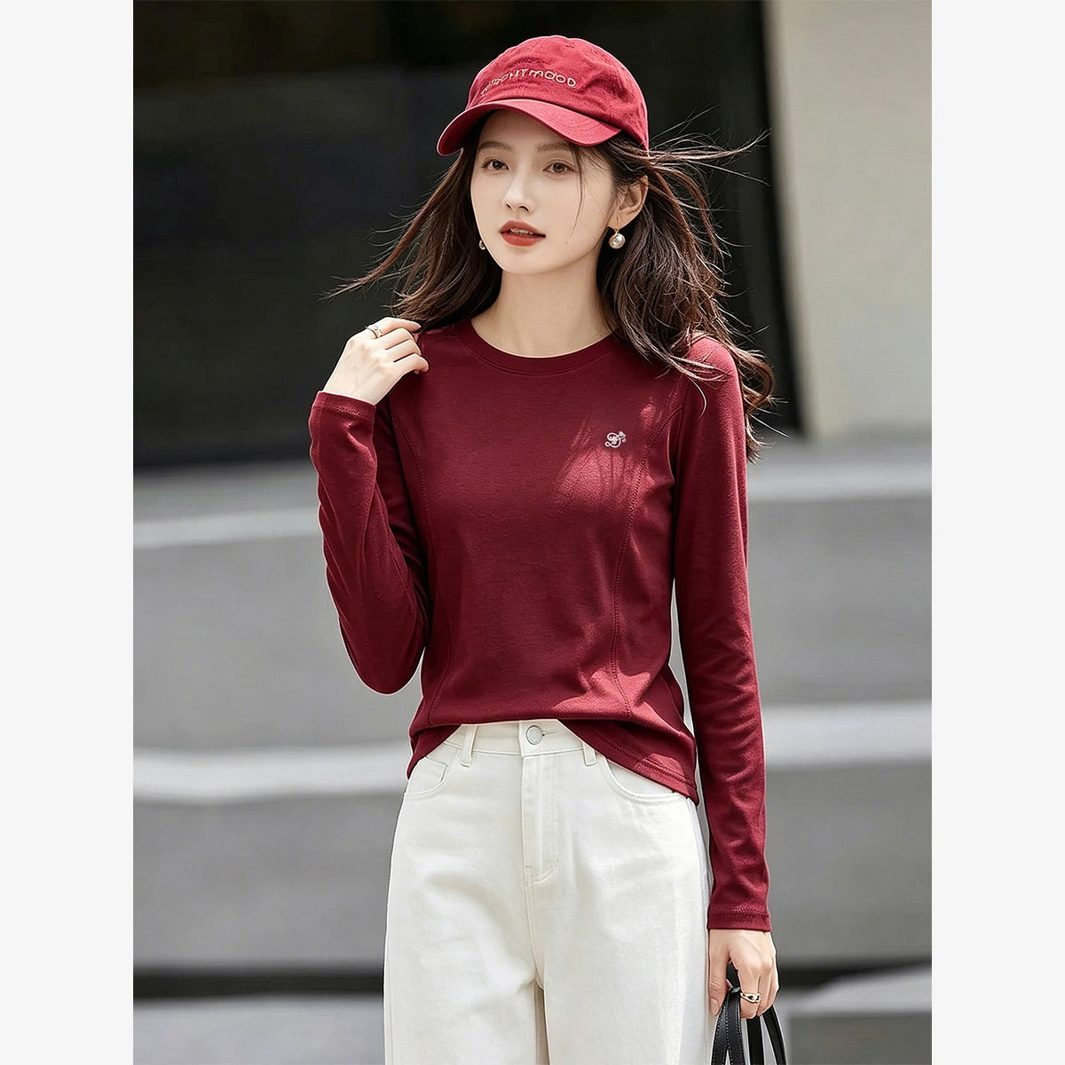 Embroidered Crew-Neck Long-Sleeve Tee