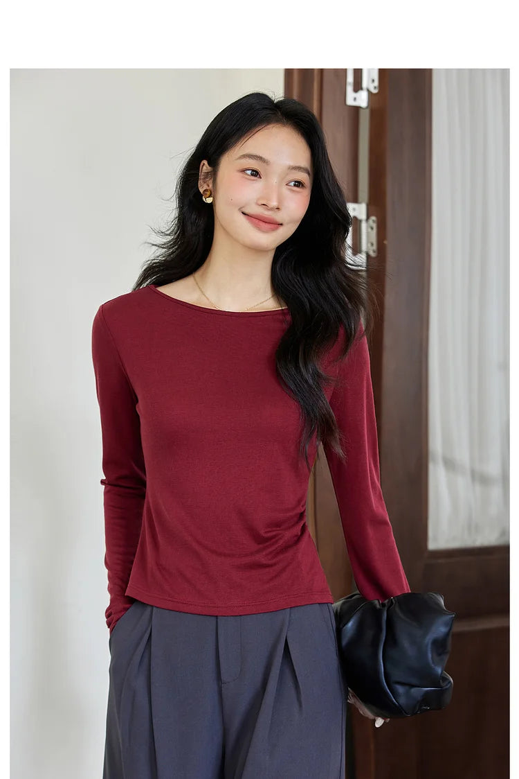 Boat-Neck Ruched Long-Sleeve Tee