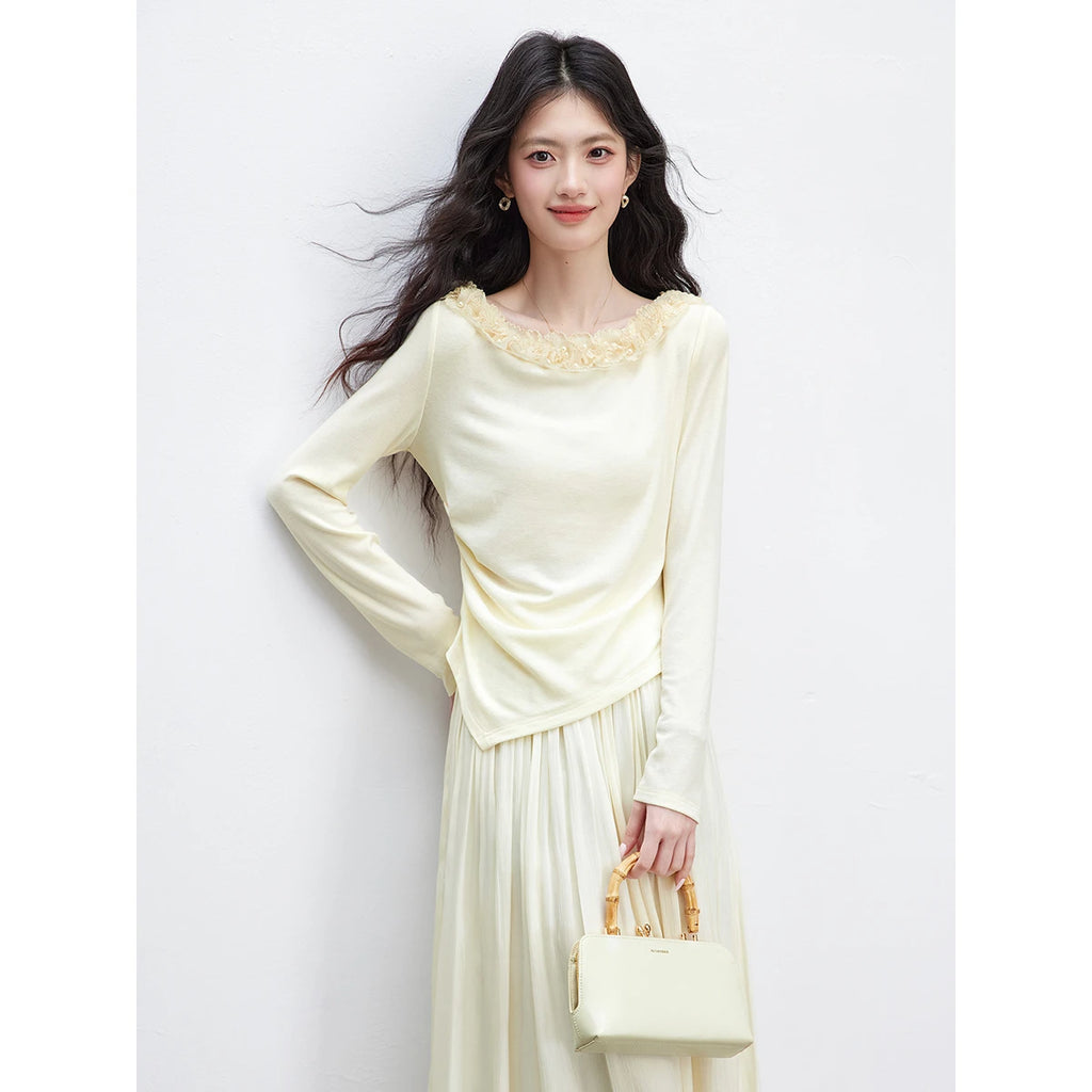Asymmetric Ruffle-Neck Long-Sleeve Top