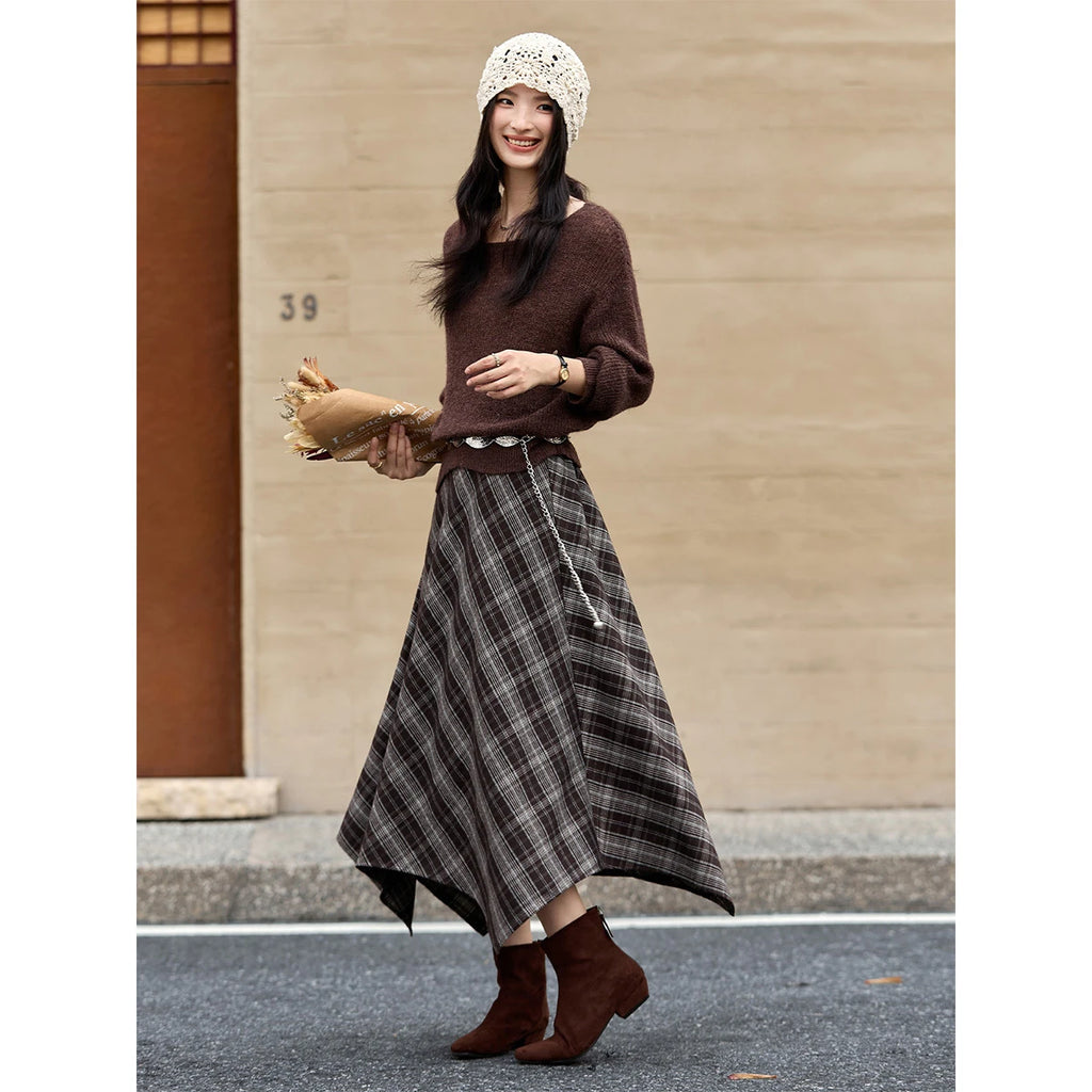 Asymmetric Plaid Midi Skirt