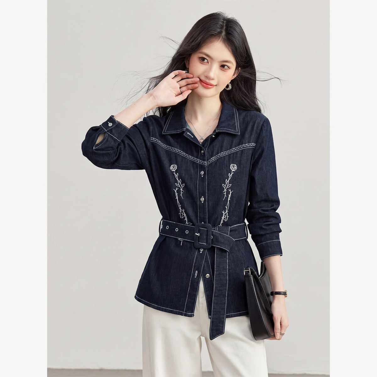 Embroidered Belted Denim Shirt Jacket